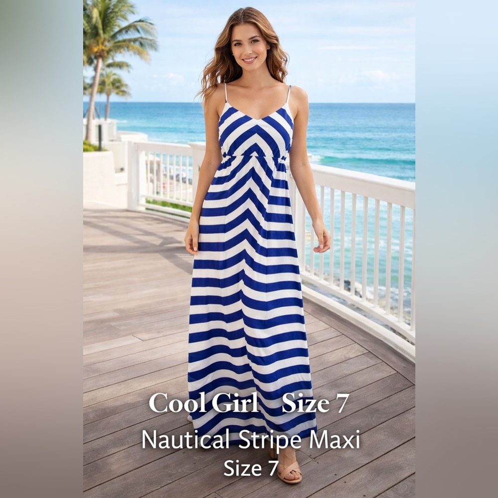 Cool Girl Blue White Striped Maxi Dress Size 7 Lined Bodice Adjustable Straps